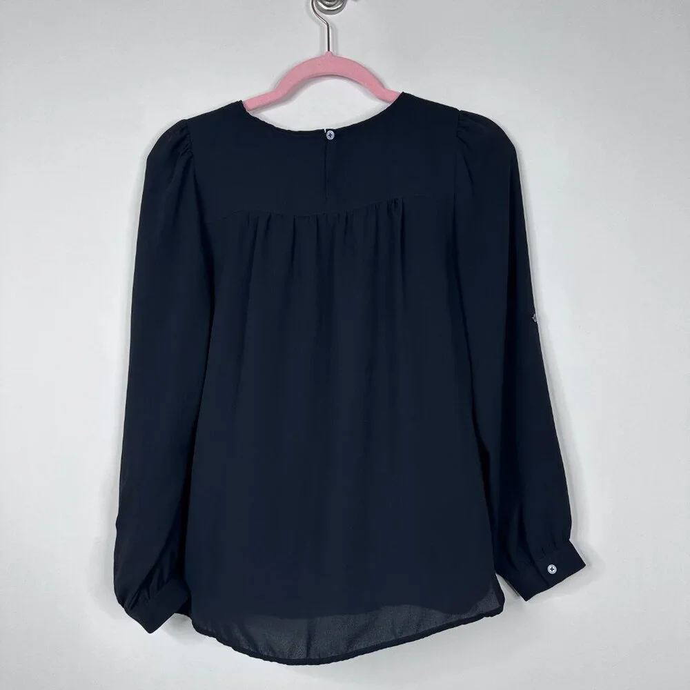 2/$30 LOFT Petite Sheer Pleated Puff Sleeve Blouse Black XSP #A1700